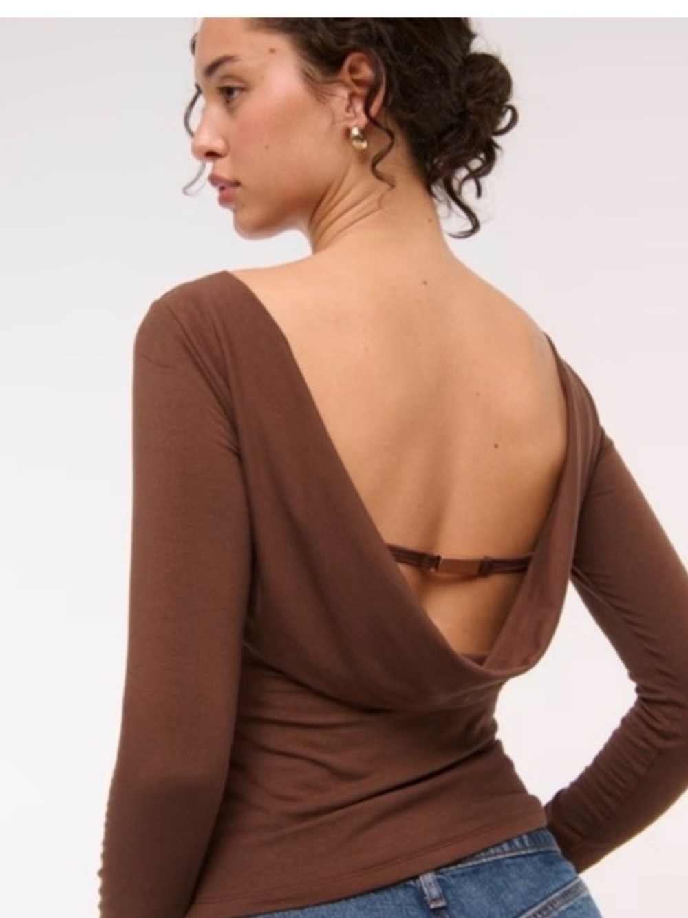 Women’s Brown Long-Sleeve Draped Back Top with gold hardware accent
